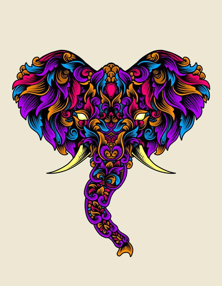 Ilustración cabeza de elefante con adornos de colores vintage vector