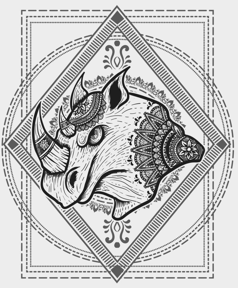 illustration vector rhino head with mandala zentangle style