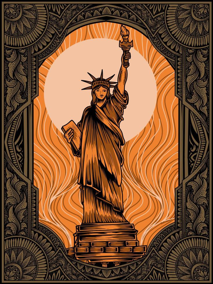 Ilustración vectorial estatua de la libertad en adorno grabado vintage vector