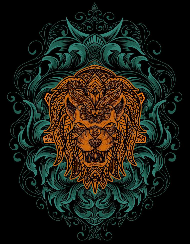 ilustración, vector, cabeza de león, con, vendimia, mandala, ornamento vector