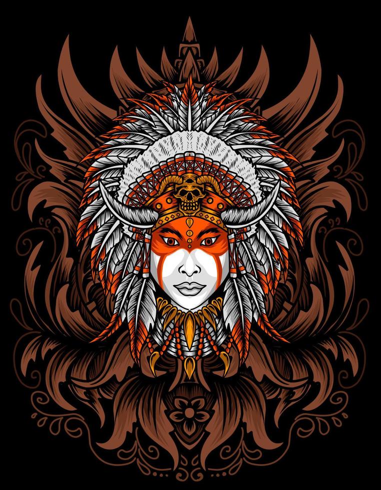 illustration vector indian apache woman with engraving ornament