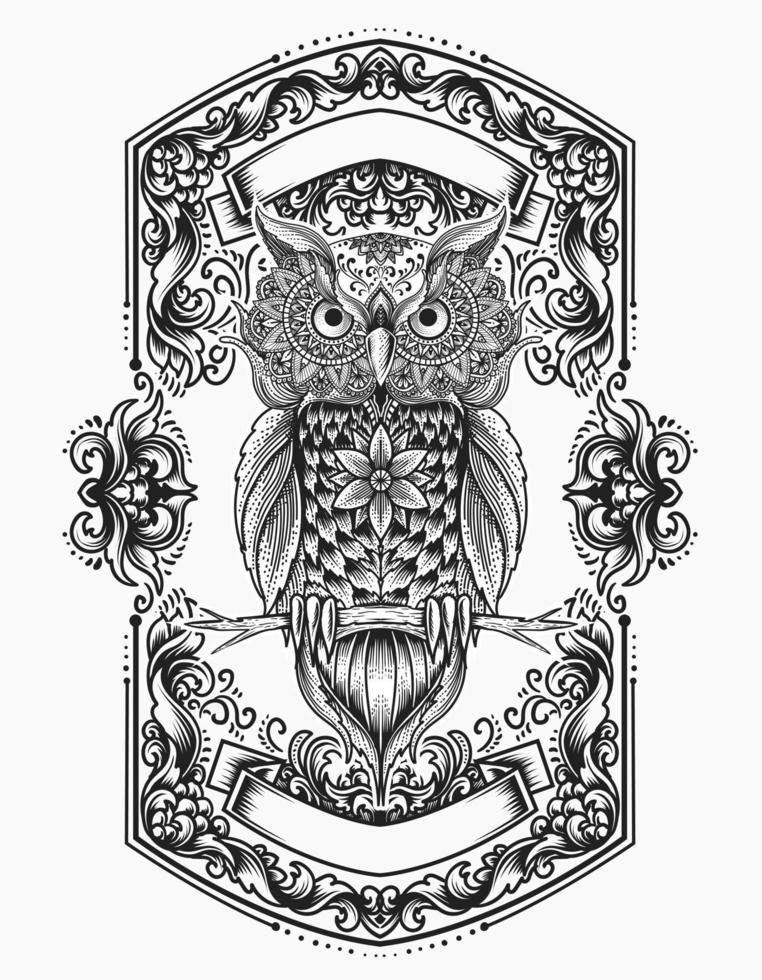 ilustración, vector, monocromo, búho, pájaro, mandala, ornamento vector