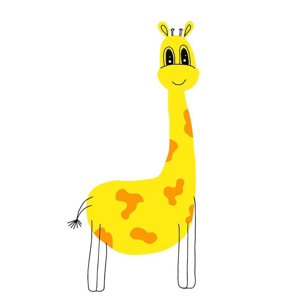 Cartoon cute giraffe in flat style isolated on white background. Childlike style. Vector illustration. Hand drawn, doodles.