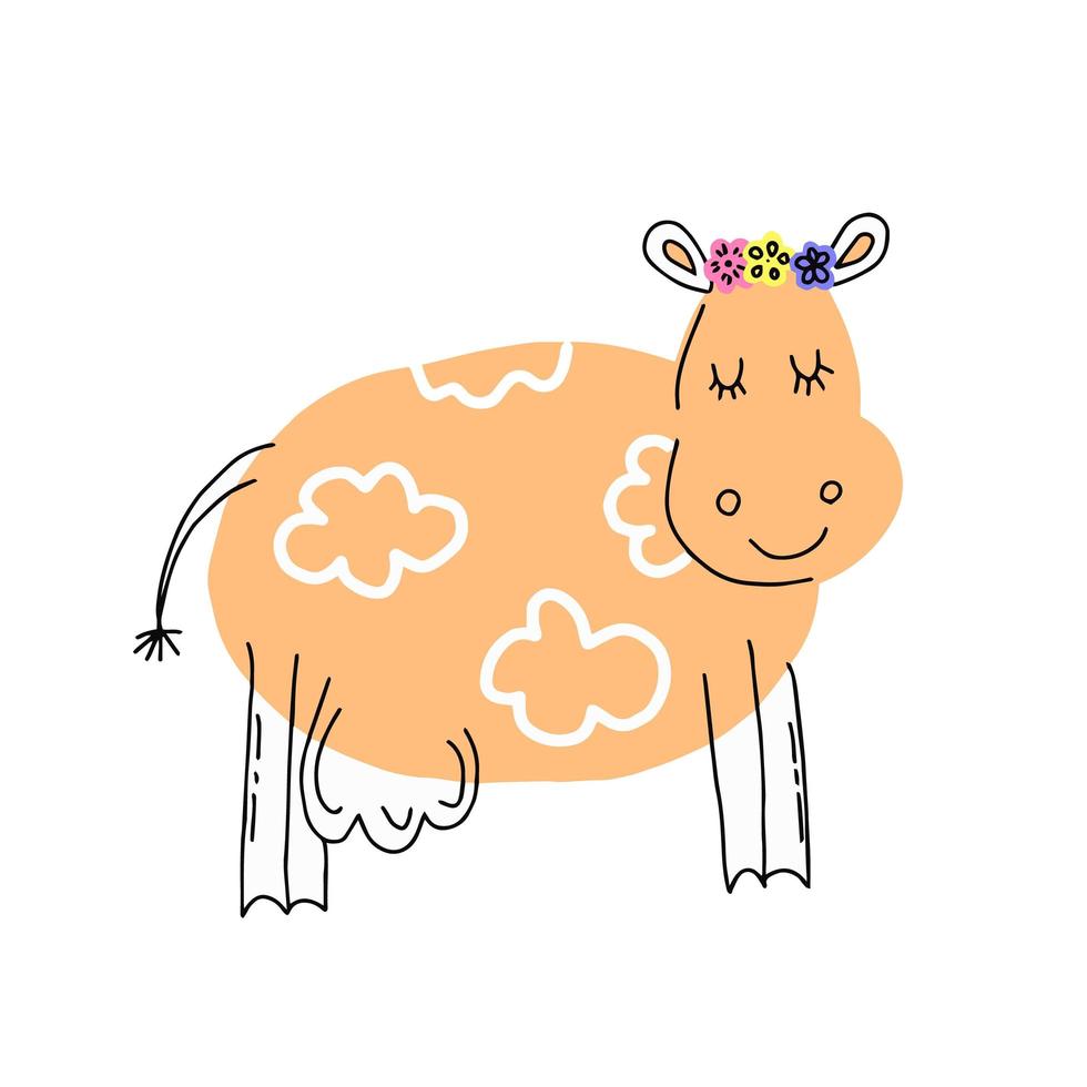 Cute cartoon character cow. Print for baby shower party. Vector print with baby cow. Hand drawn, doodles.