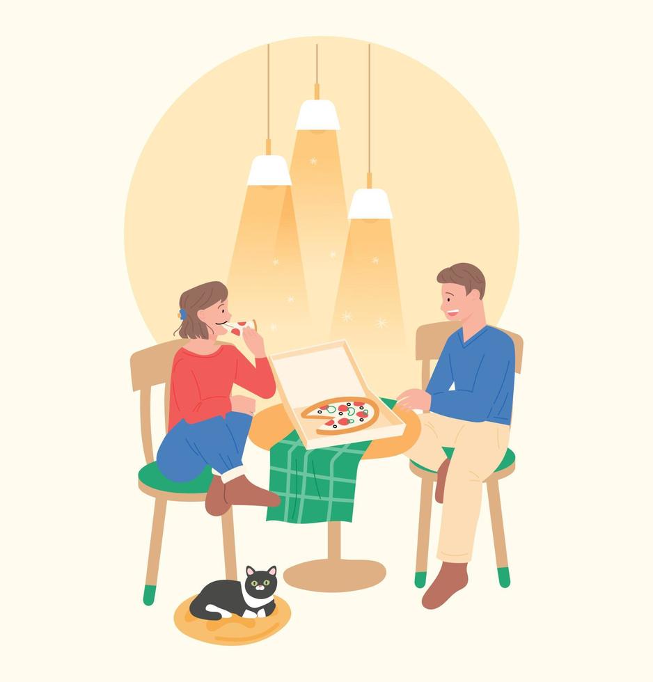 una pareja está sentada cómodamente y comiendo pizza. vector