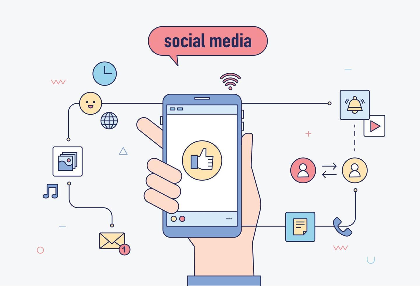 A hand holding a cell phone. Floating social media icons. vector