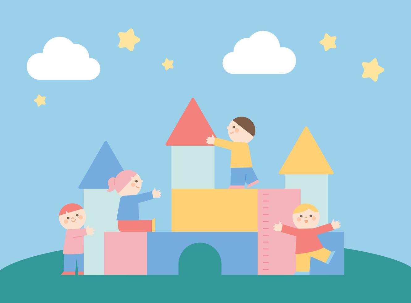 Cute children are playing with building a castle with huge blocks. vector