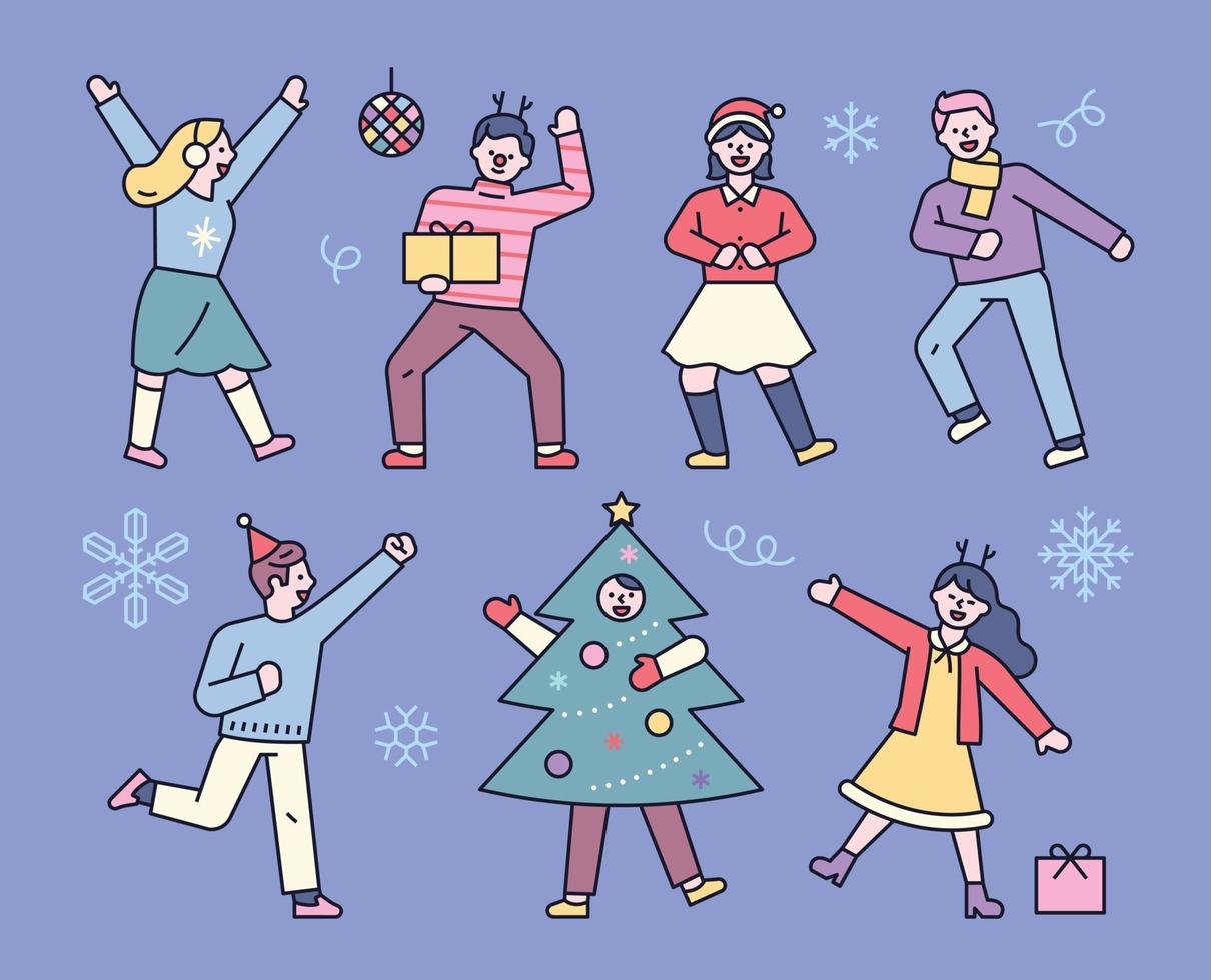 People in Christmas costumes are dancing and partying in the club. vector