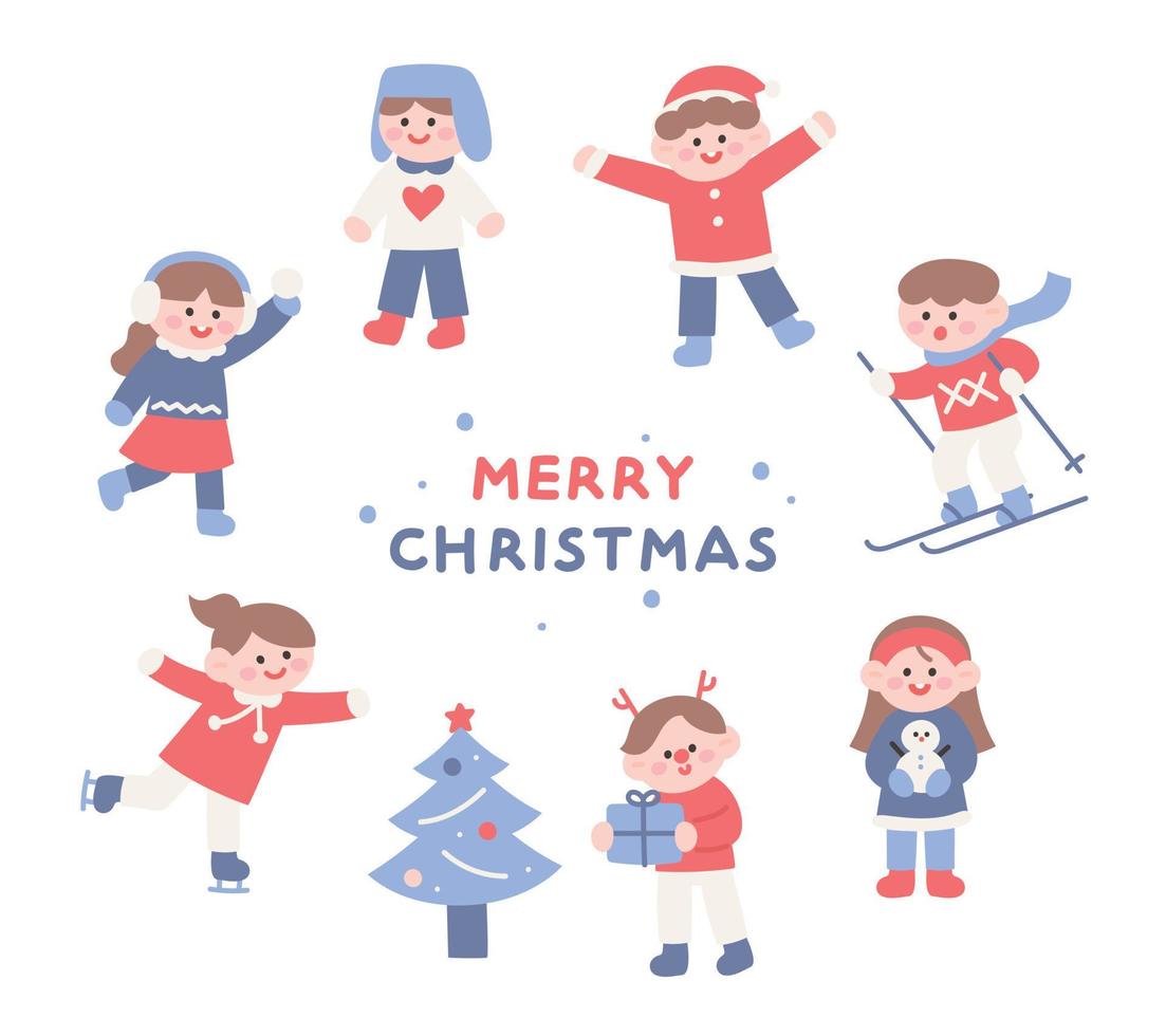 Cute children Christmas card. Children are playing and enjoying winter. vector