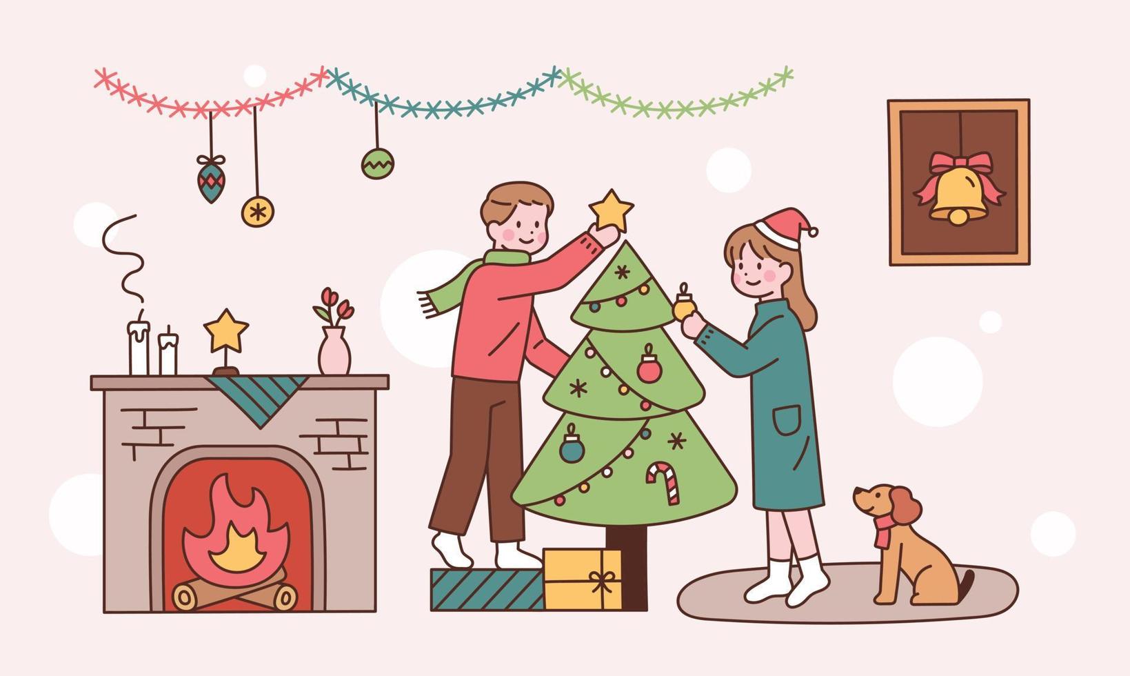 A couple is decorating a Christmas tree at home. Cozy with fireplace and dog. vector