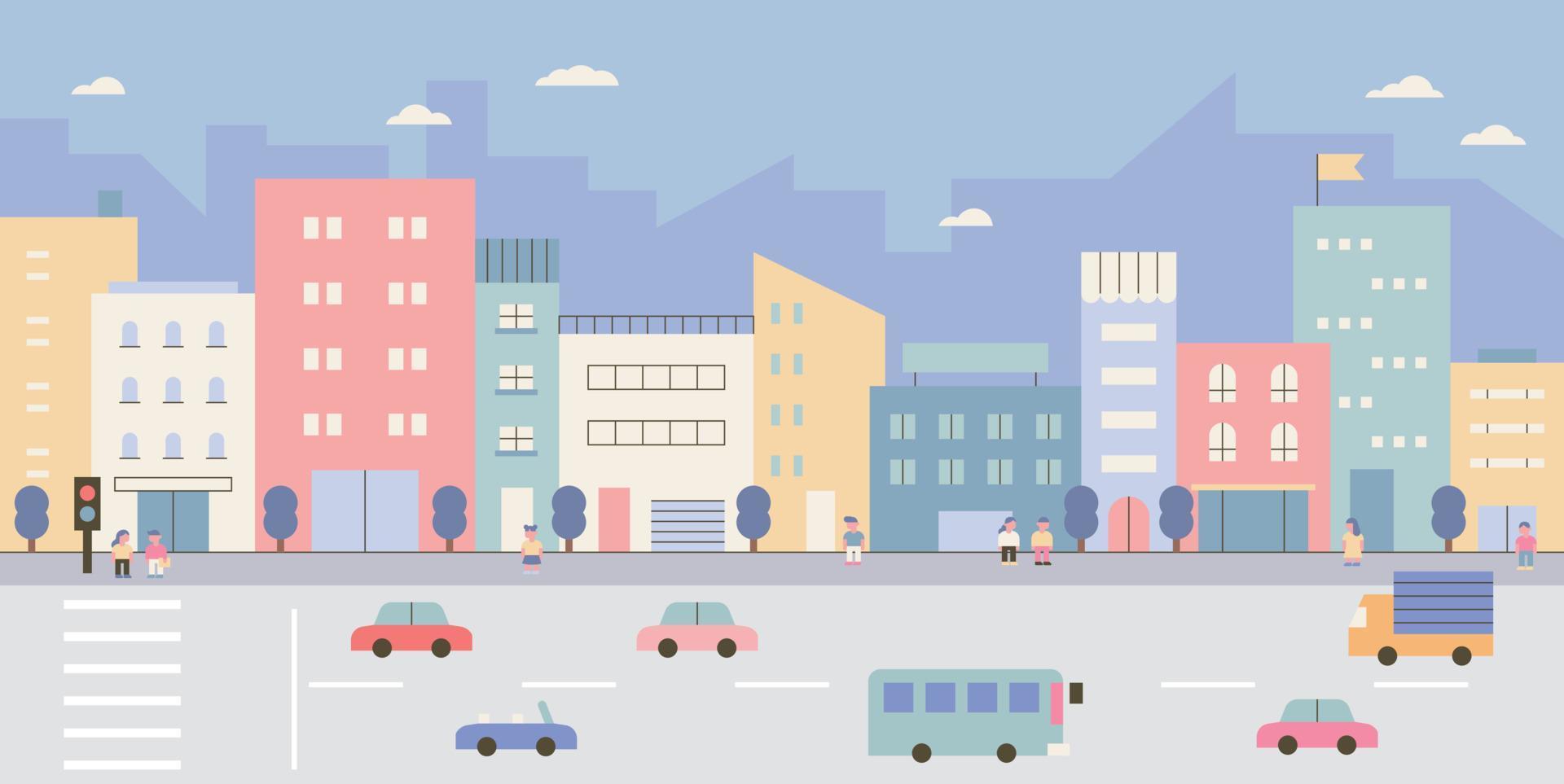 street with buildings. Many cars are running on the road. vector