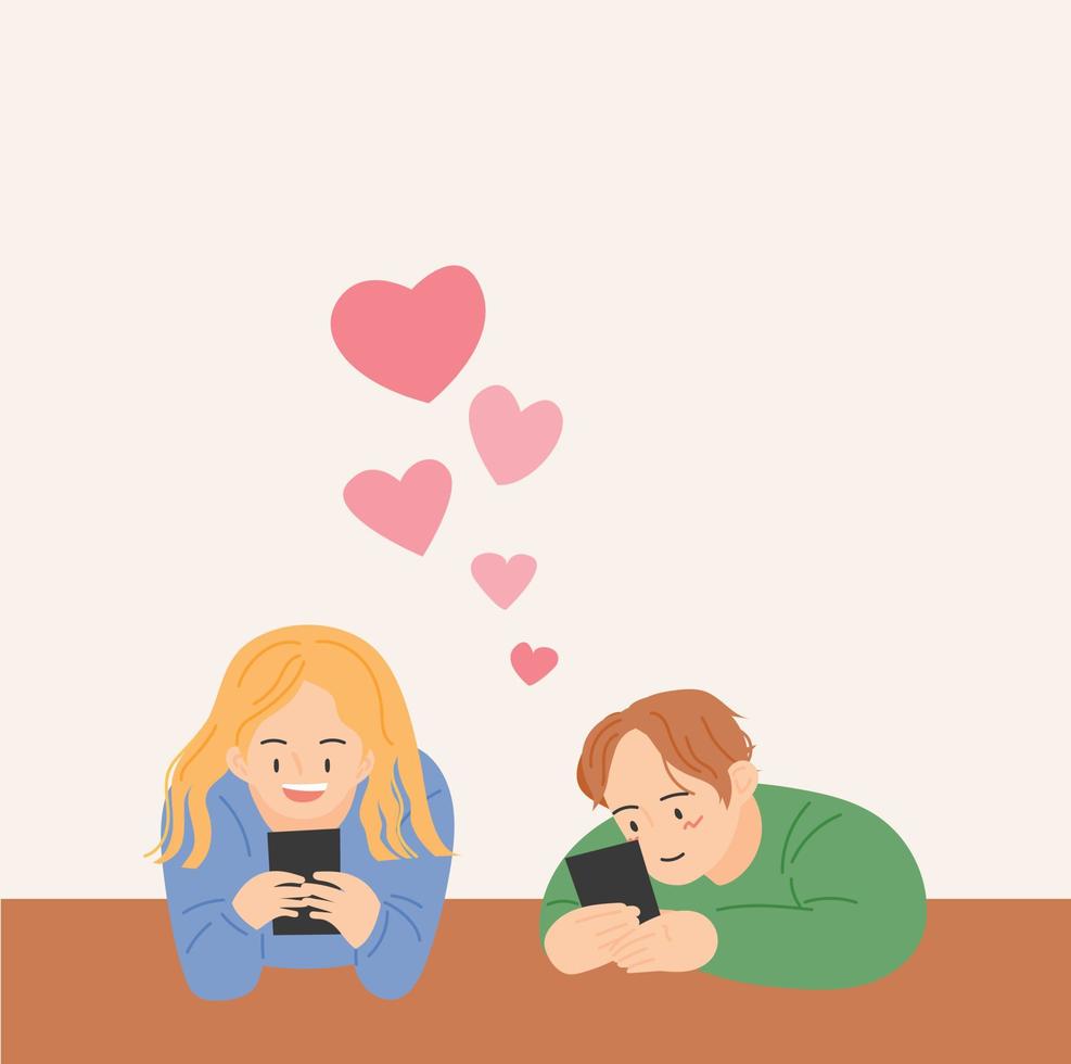 A man and a woman are texting at the table. vector