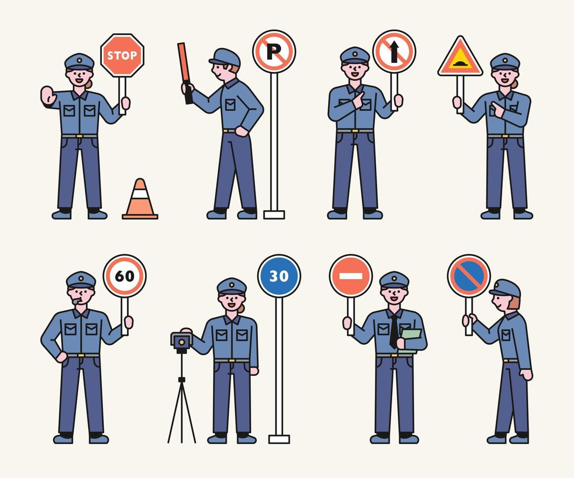 A traffic policeman is holding a road sign and giving a warning. vector