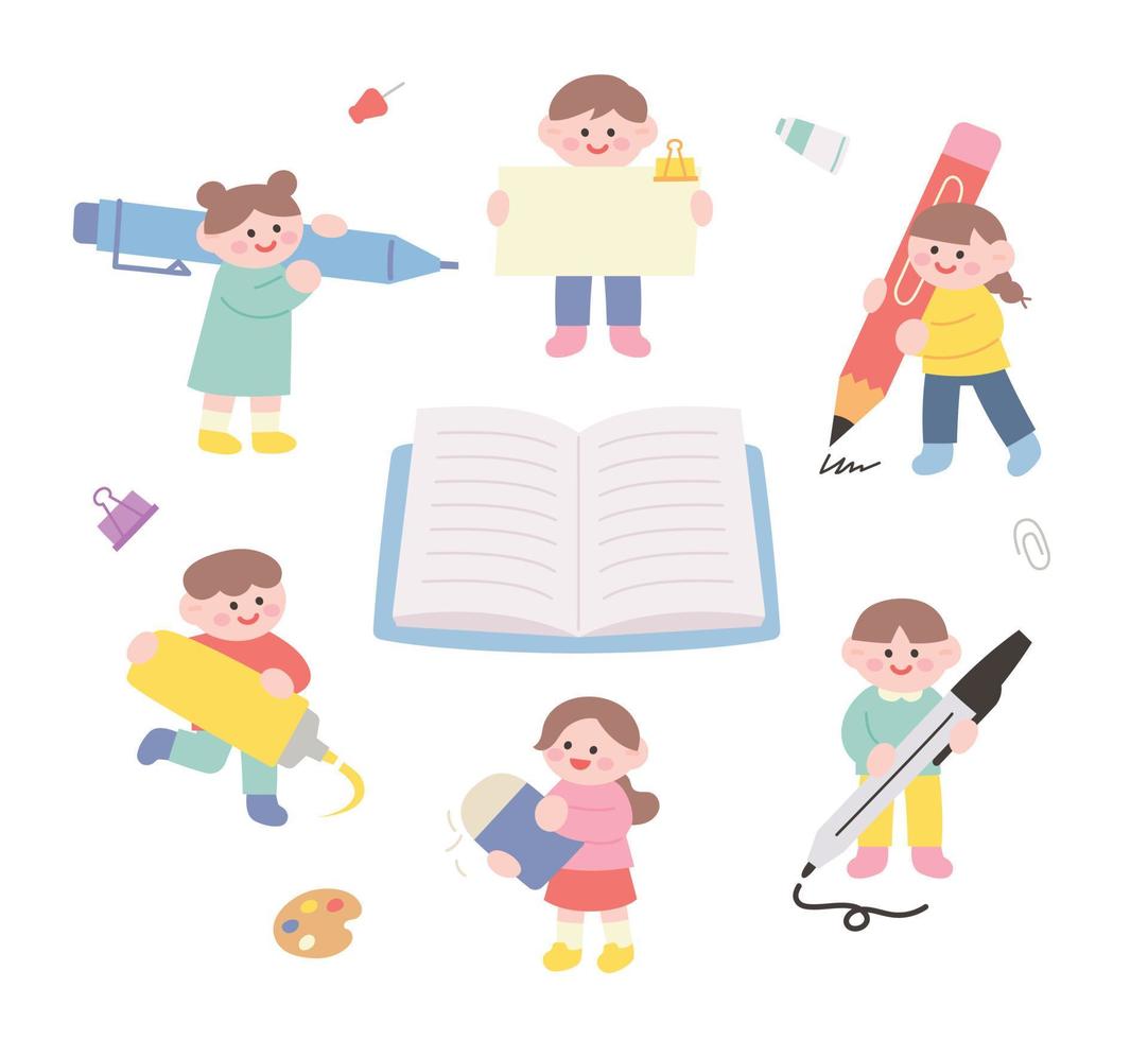 Cute children holding large pens and writing in notebooks. vector