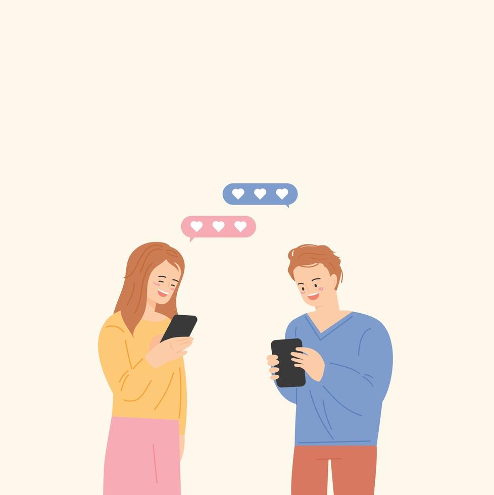 A man and a woman are holding mobile phones and sending mobile messages. vector