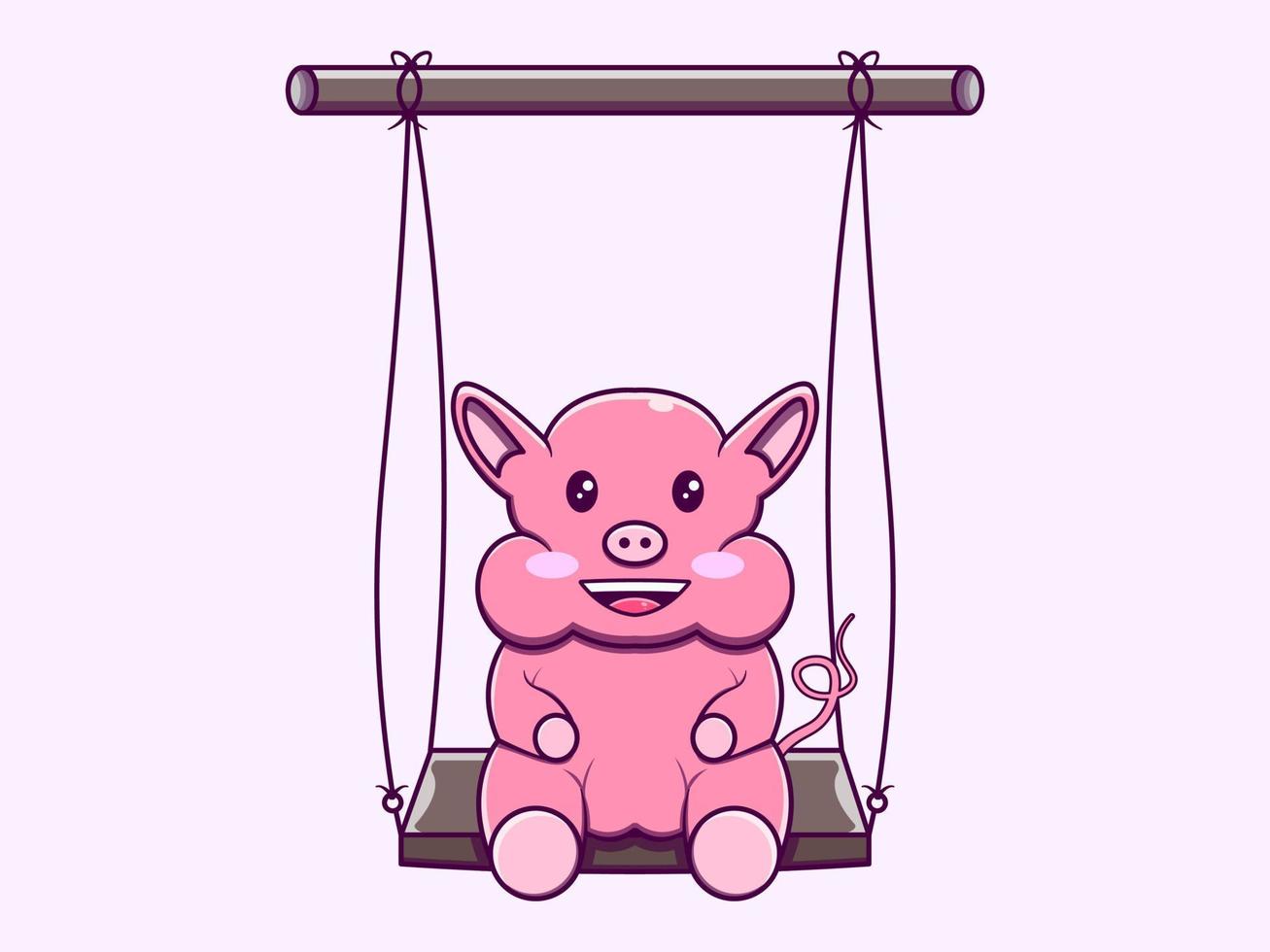 Cute pig sit on swing character vector icon illustration. Isolated flat design.