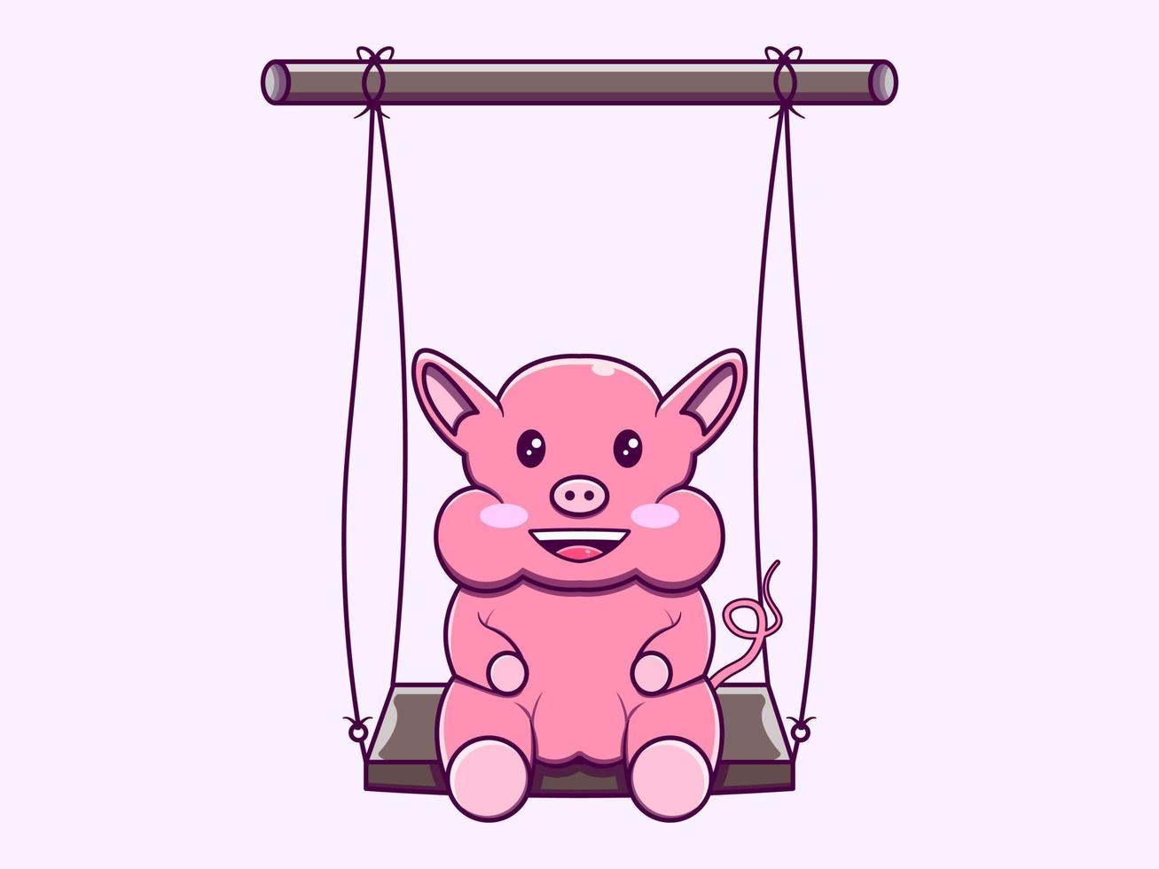 Cute pig sit on swing character vector icon illustration. Isolated flat design.