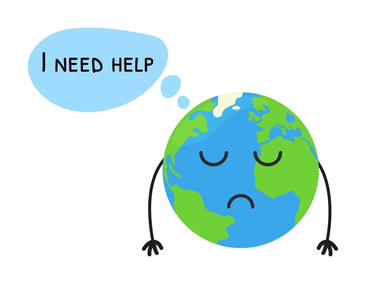 Sad Earth thinking I need help. Cartoon cute planet is sad with hands down. Vector isolated illustration