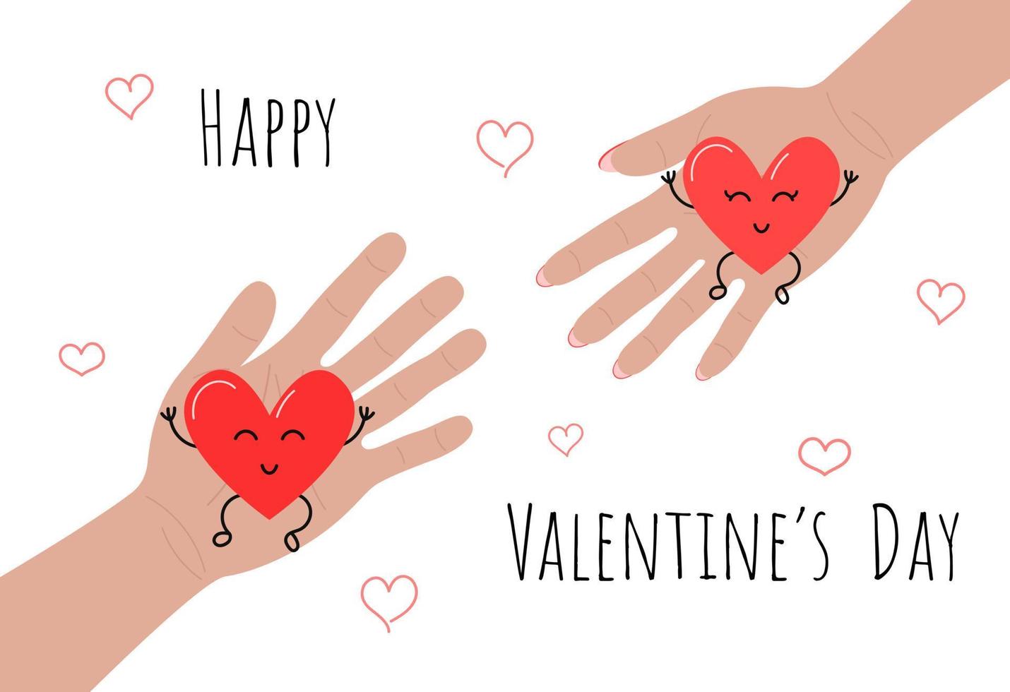 Happy Valentines Day greeting card. Man and woman holding out hands with funny cute hearts to each other. Vector Valentine illustration