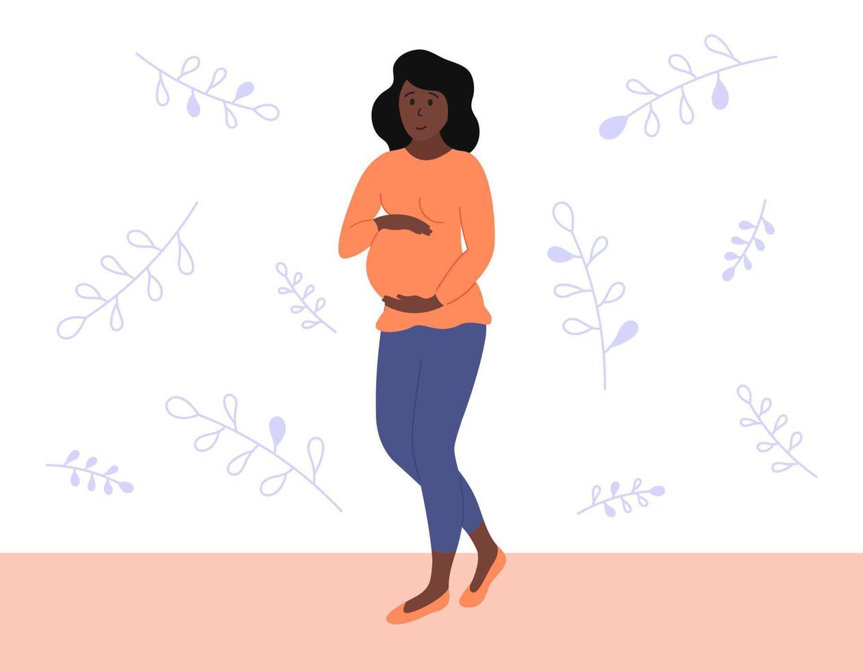 La mujer embarazada se encuentra en toda su altura, sonríe y toca el vientre. concepto de embarazo feliz. futura madre afroamericana caminando. vector ilustración plana