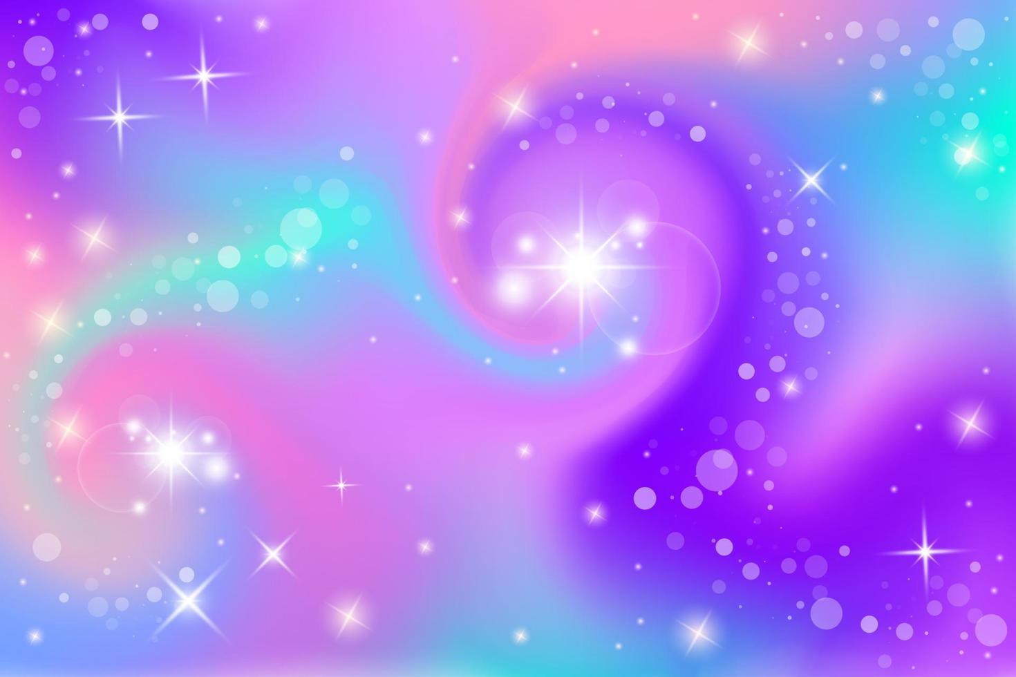 fondo de fantasía. Ilustración holográfica en colores pastel. Fondo femenino de dibujos animados lindo. cielo multicolor brillante con estrellas y bokeh. vector. vector