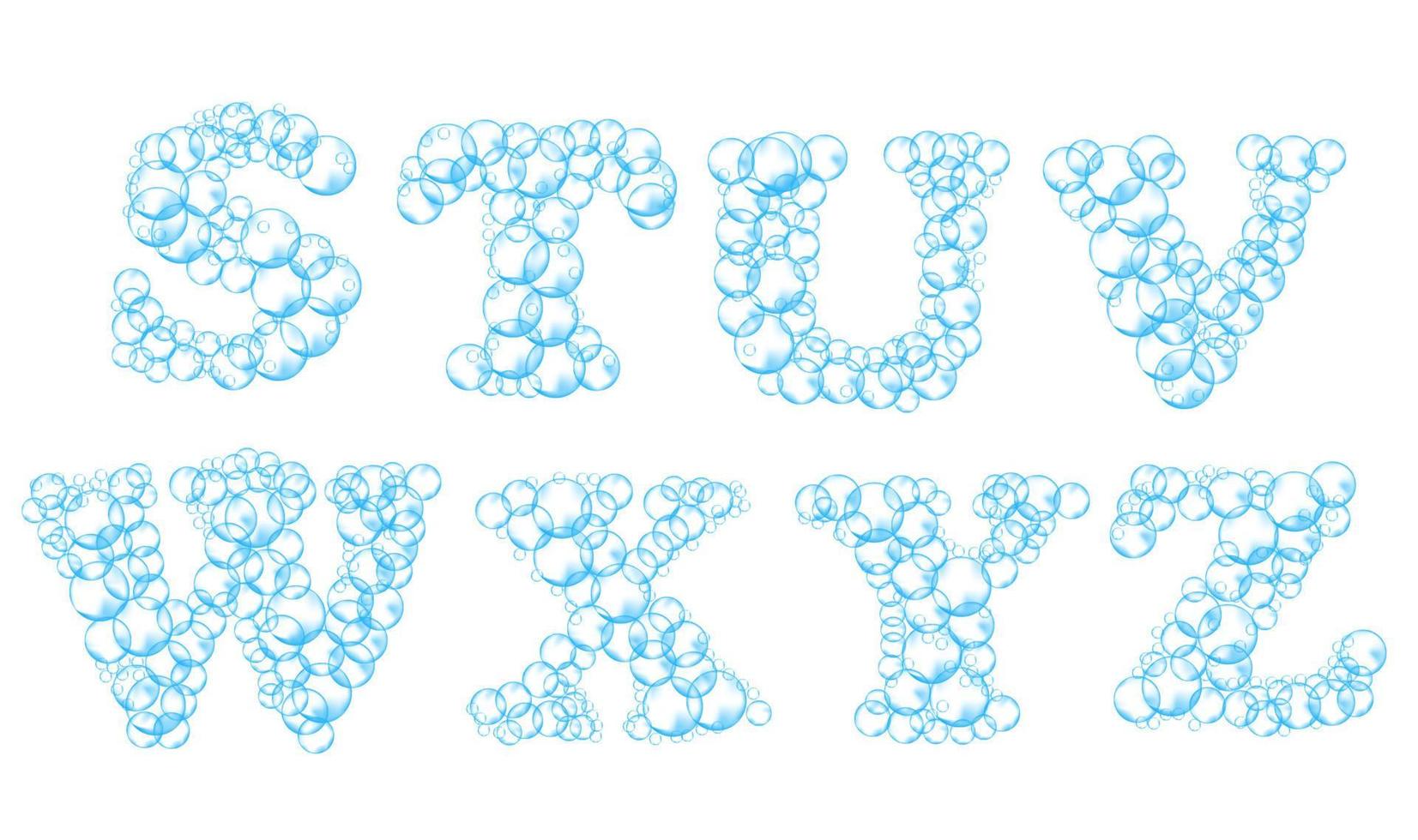 Alphabet of soap bubbles. Water suds letters s, t, u, v, w, x, y, z. Realistic vector font isolated on white background