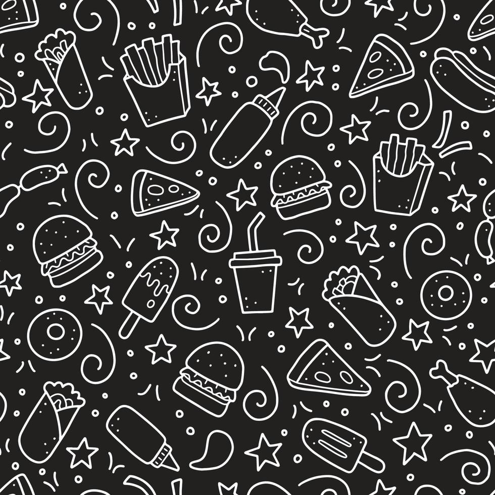 Hand drawn seamless pattern of fast food doodle. Vector illustration.
