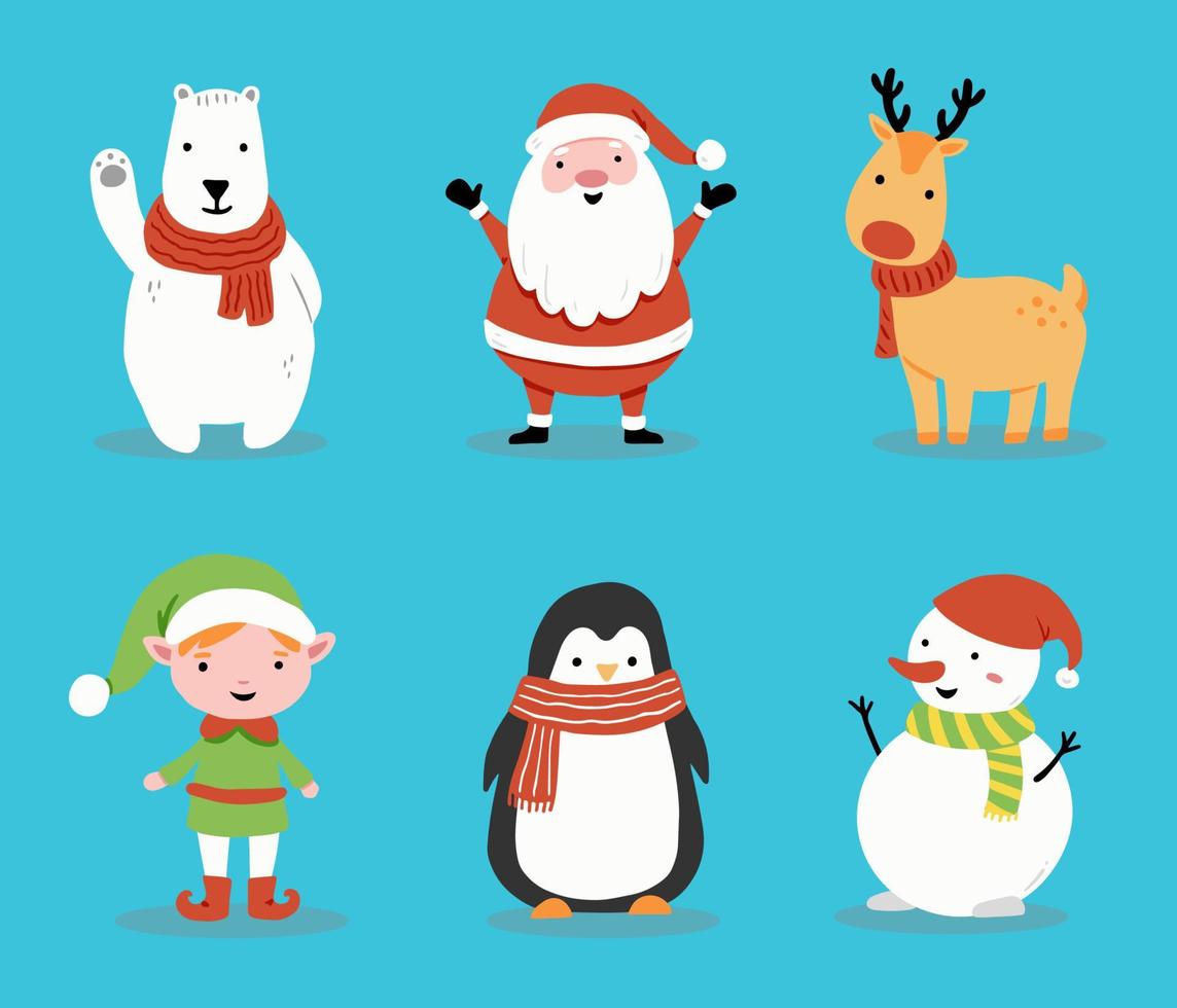 Set cartoon character with Santa and animal, snowman illustartion vector