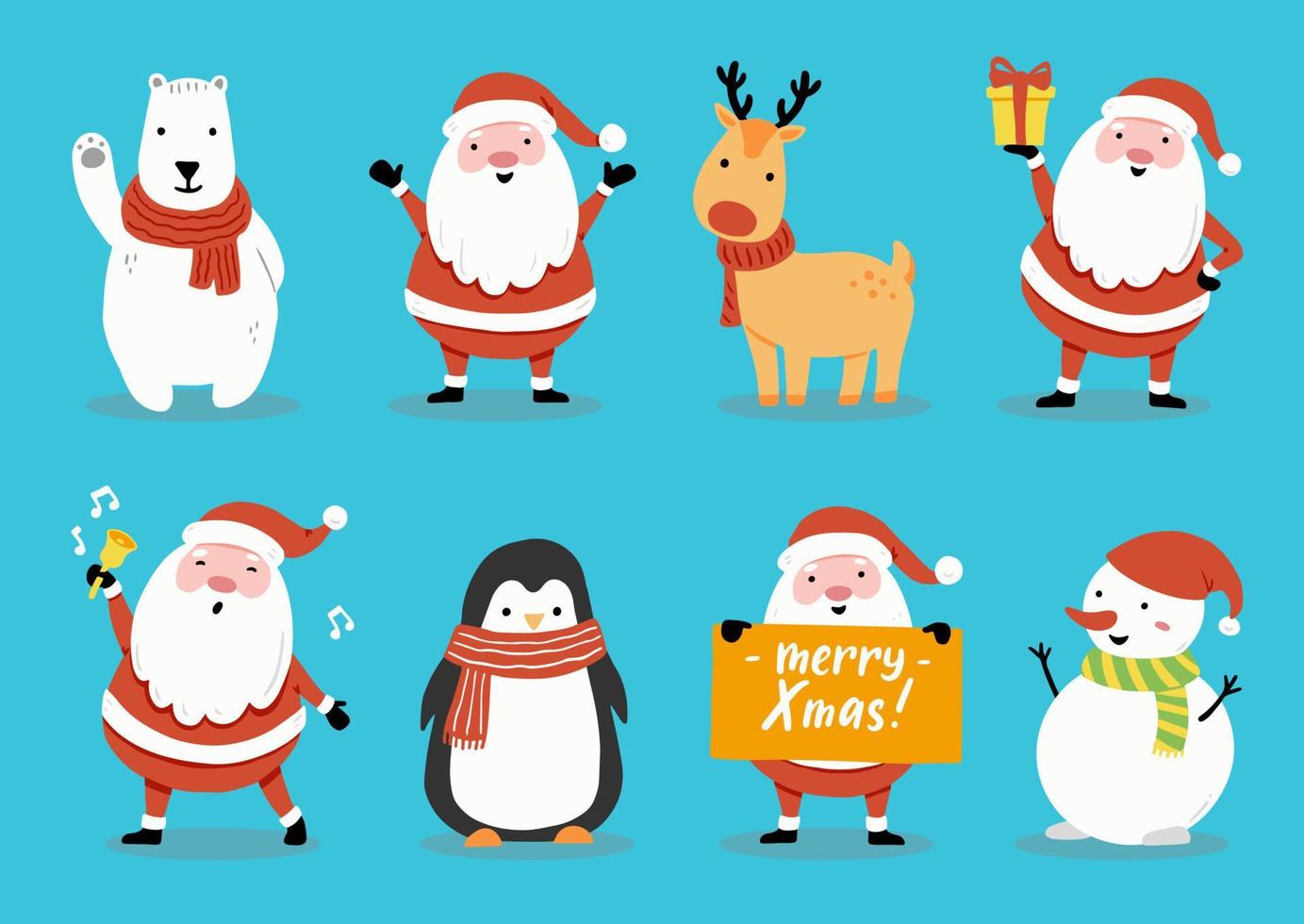 Set cartoon character with Santa and animal, snowman illustartion vector