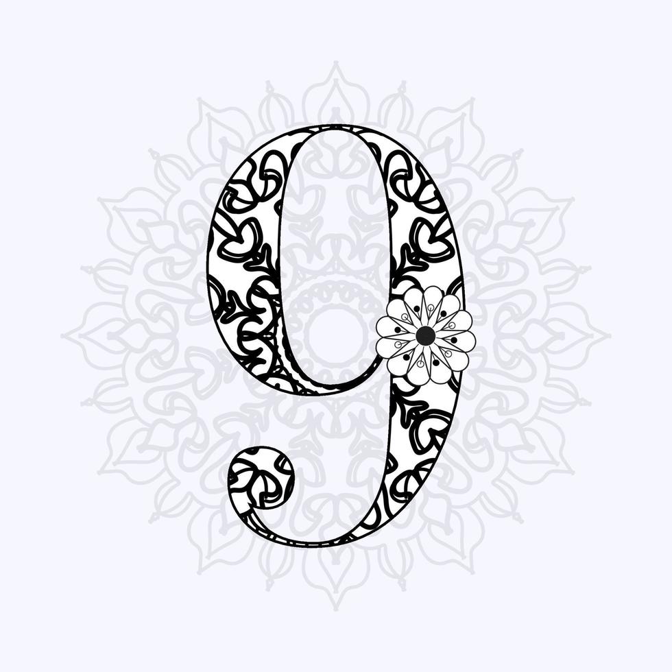 número 9 con mandala. adorno decorativo en estilo étnico oriental. página del libro para colorear vector