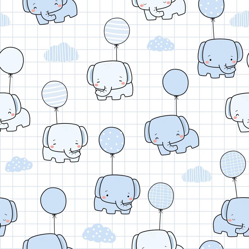 seamless pattern with cute elephant and balloon cartoon doodle vector illustration