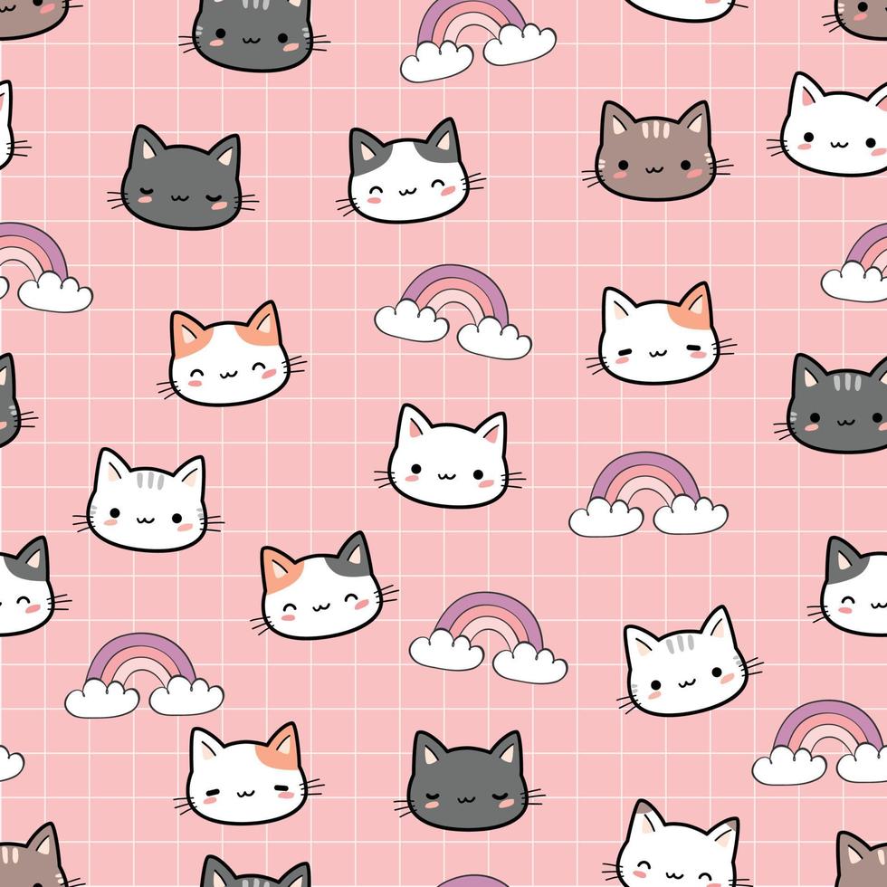 seamless pattern with cute kitty cat head cartoon doodle vector illustration