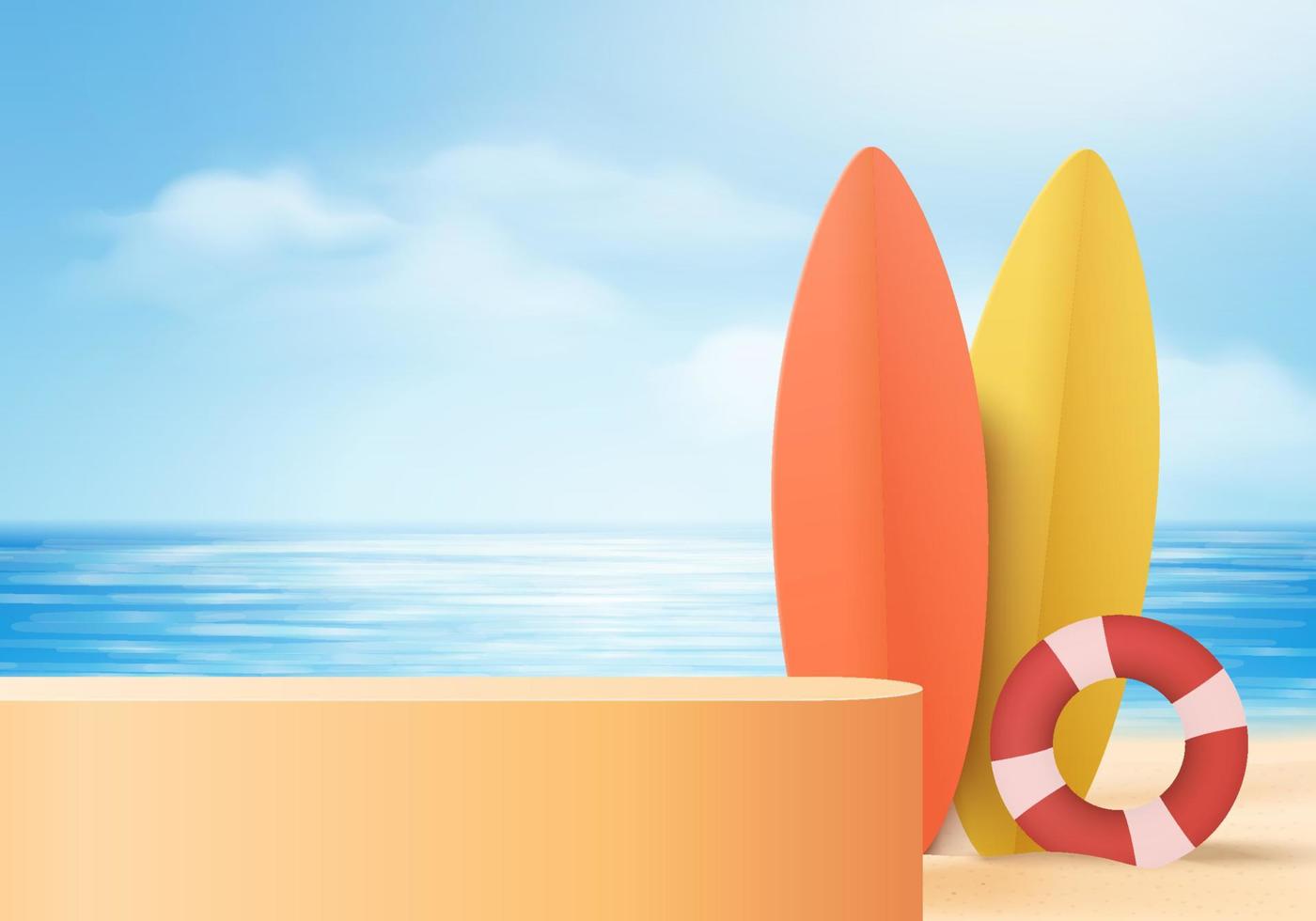 3d summer background product display platform scene with surfboard platform. sky cloud summer background vector 3d render on the ocean display. podium on sand beach cosmetic product display stand