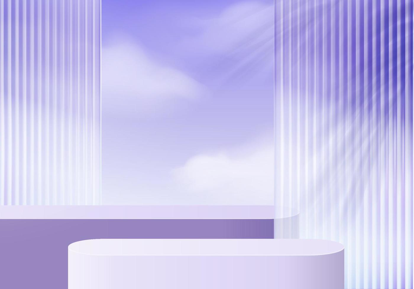 3d background platform with purple glass in cloud. Background vector 3d rendering crystal podium platform. stand show cosmetic product. Stage showcase on pedestal modern glass studio platform