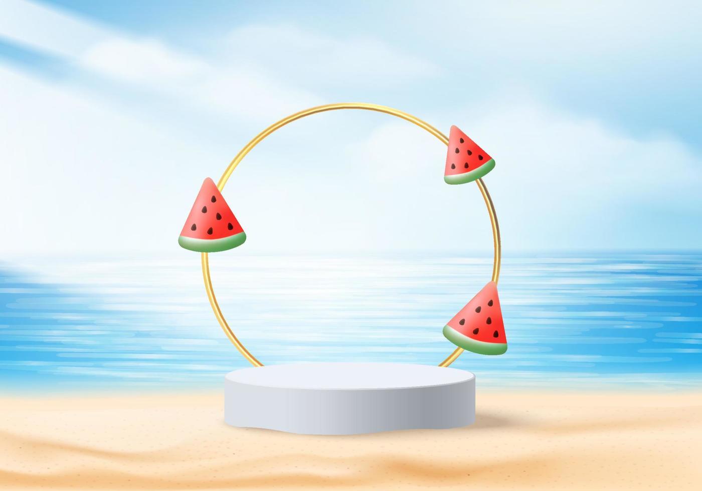 3d summer background product display platform scene with sea beach platform. sky cloud summer background vector 3d render on the ocean display. podium on sand beige cosmetic product display stand