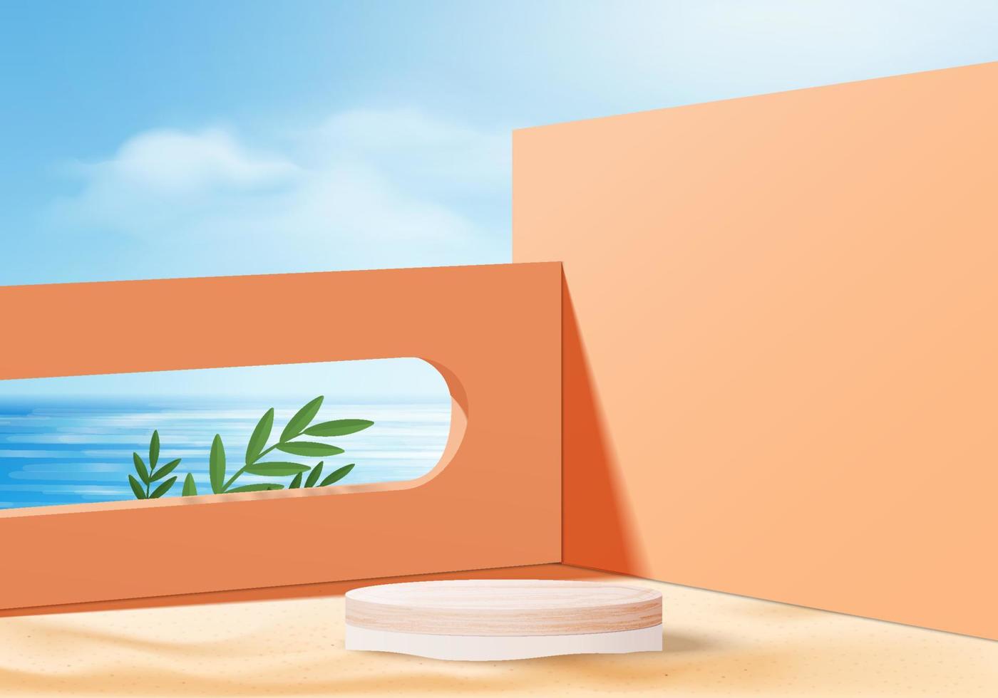 Escena de plataforma de exhibición de producto de fondo de verano 3D con plataforma de playa de mar. cielo nube verano fondo vector 3d render en la pantalla del océano. Podio en soporte de exhibición de productos cosméticos beige arena