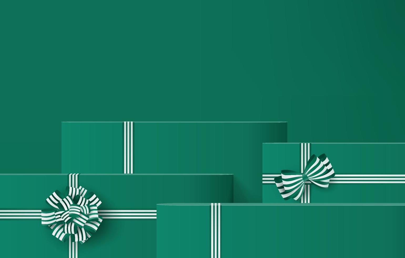 Caja de regalo de fondo 3D con producto de exhibición de lazo verde para Navidad. representación 3d del vector del fondo de la exhibición del producto con el estudio mínimo del podio. soporte para cosméticos en caja de regalo verde en el día de año nuevo