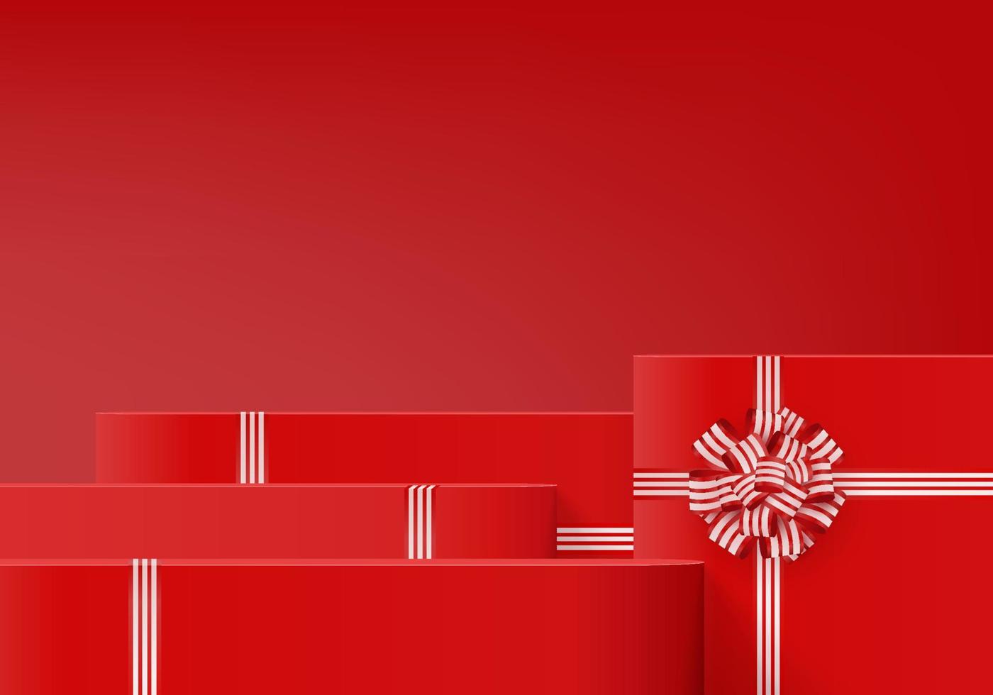 3d background gift box with red bow display product for Christmas. Product display background vector 3d rendering with minimal podium studio. stand for cosmetic on red gift box in new year day