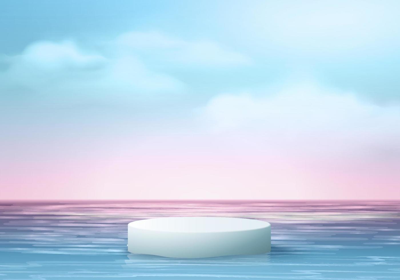 Escena del podio de la exhibición del producto del fondo del verano 3d con la plataforma de la nube. vector de fondo de verano render 3d en el océano, podio en el mar. stand mostrar producto cosmético mostrar cielo azul