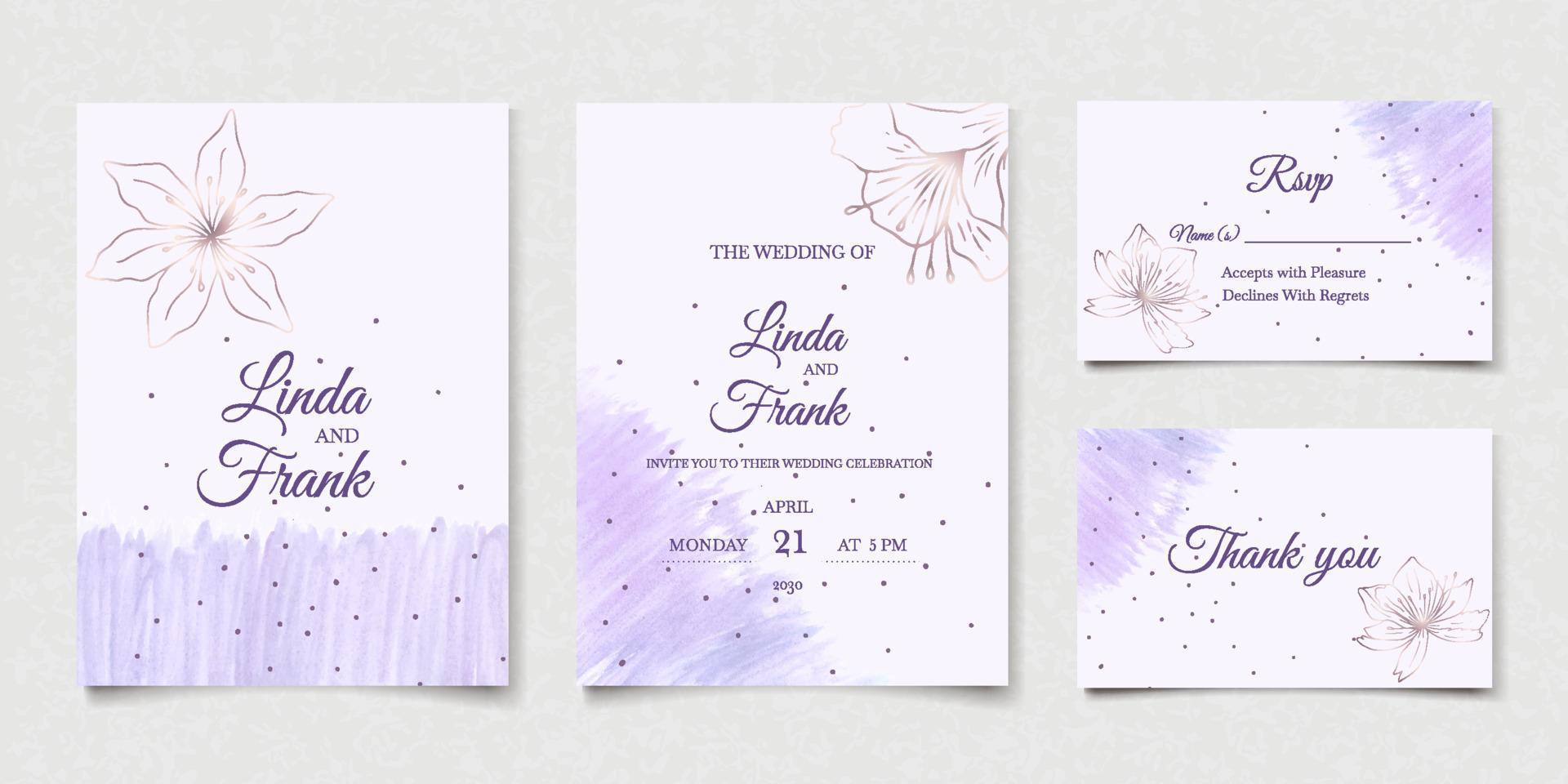 Conjunto de tarjeta de invitación de boda floral púrpura acuarela abstracta vector