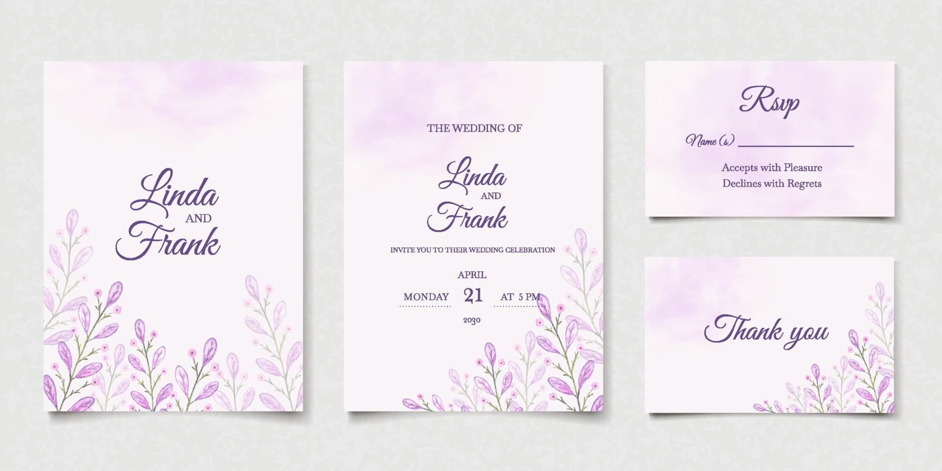 plantilla de tarjeta de invitación de boda acuarela floral púrpura vector