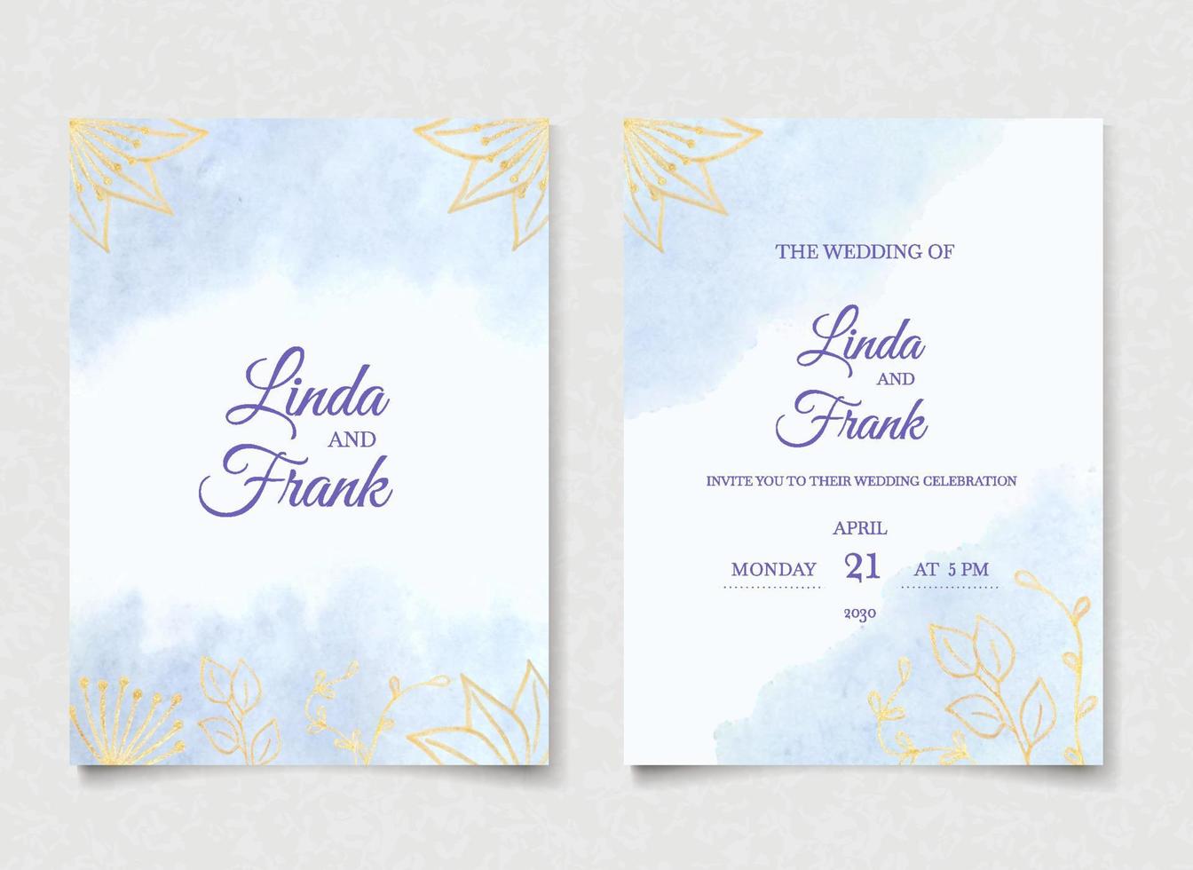 Blue watercolor wedding invitation card set with gold flowers vector
