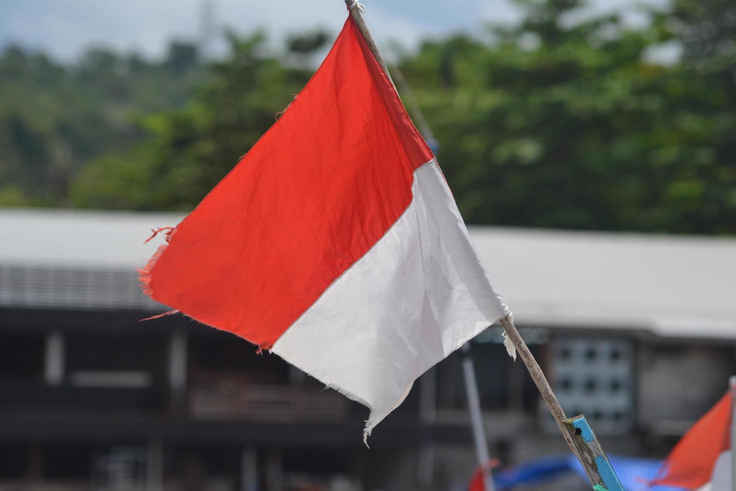 bandera nacional de Indonesia en el muelle foto