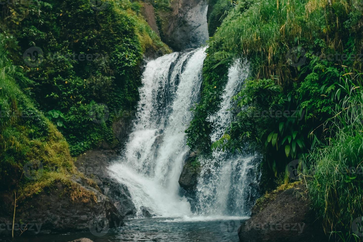 Waterfall view in the middle of the forest photo