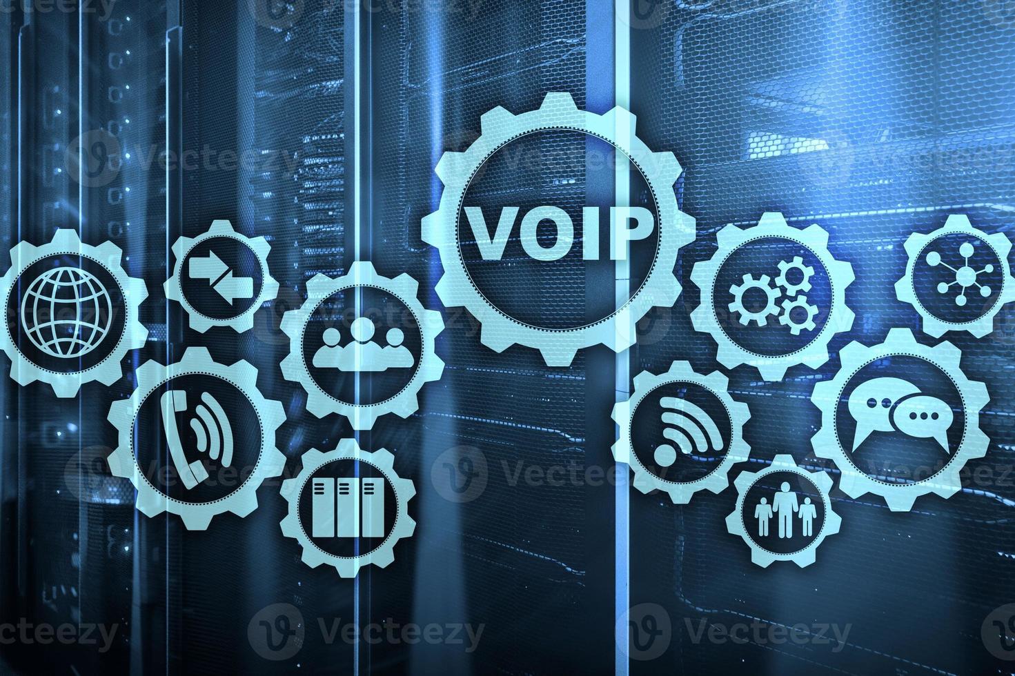 VoIP Voice over IP on the screen with a blur background of the server room. The concept of Voice over Internet Protocol photo