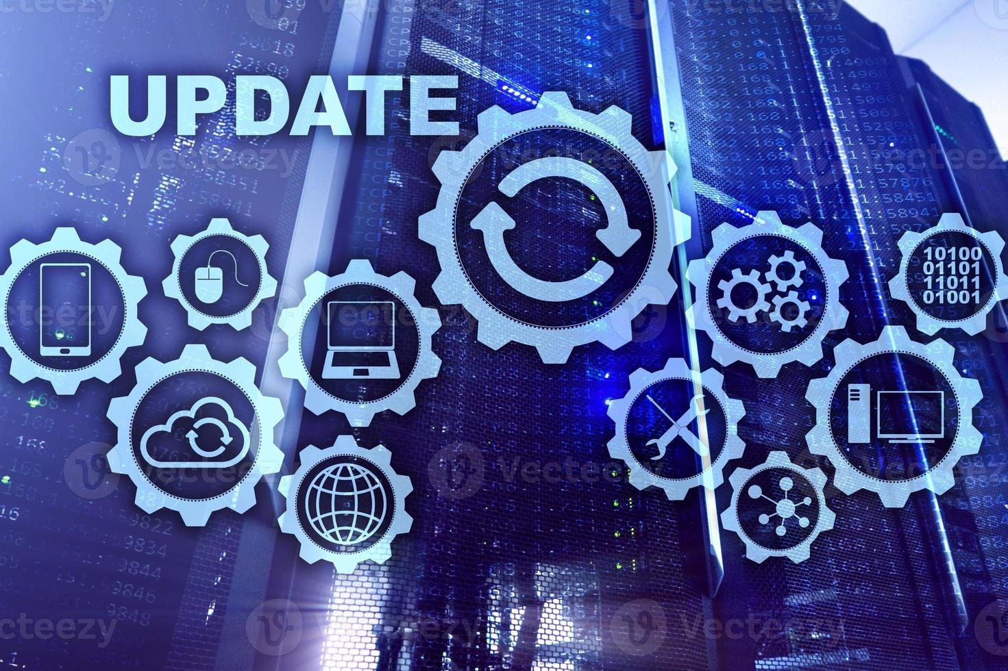Update Software Computer on Virtual Screen Server Room Datacenter Background. Technology Updating Concept photo