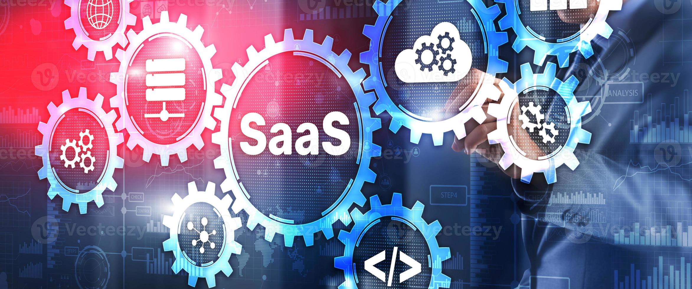 SaaS Software as a Service concept with hand pressing text photo