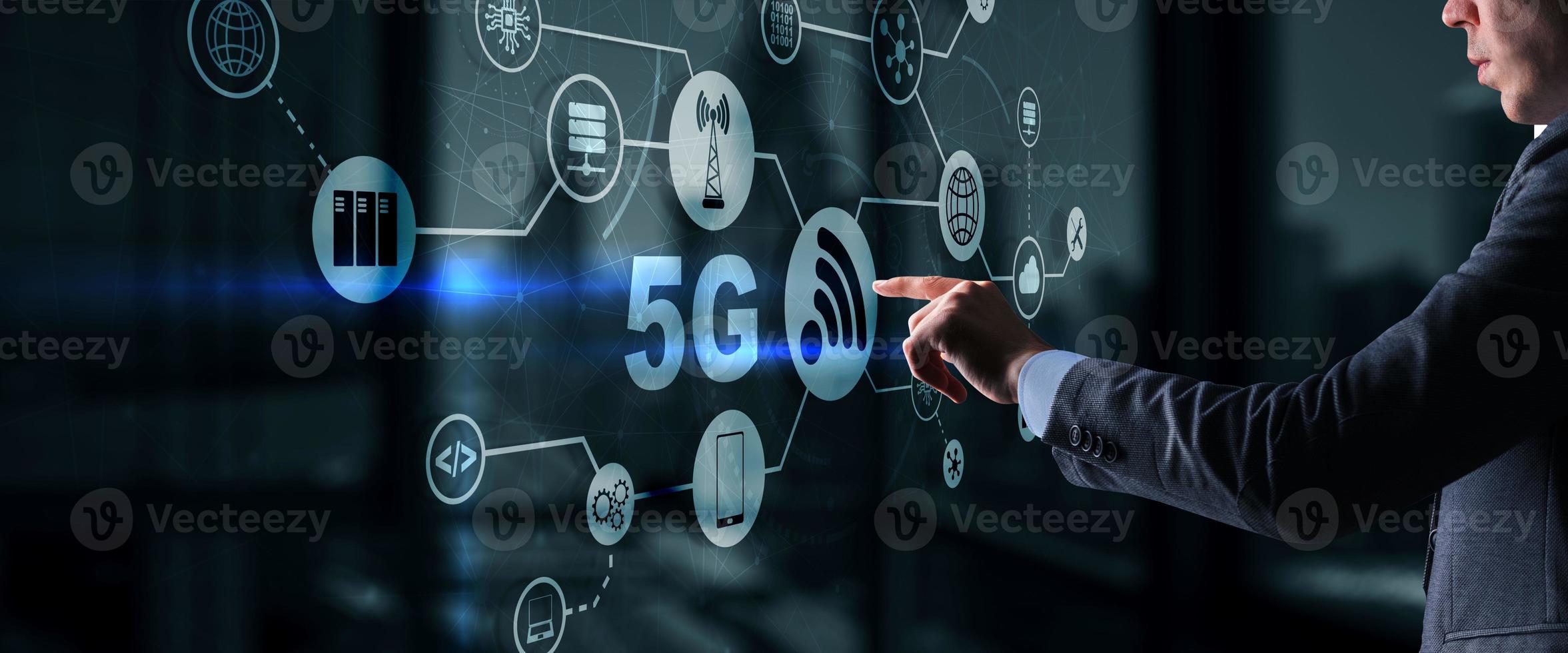 5G Network Wireless Internet concept. Man touching 3D icon 5G photo