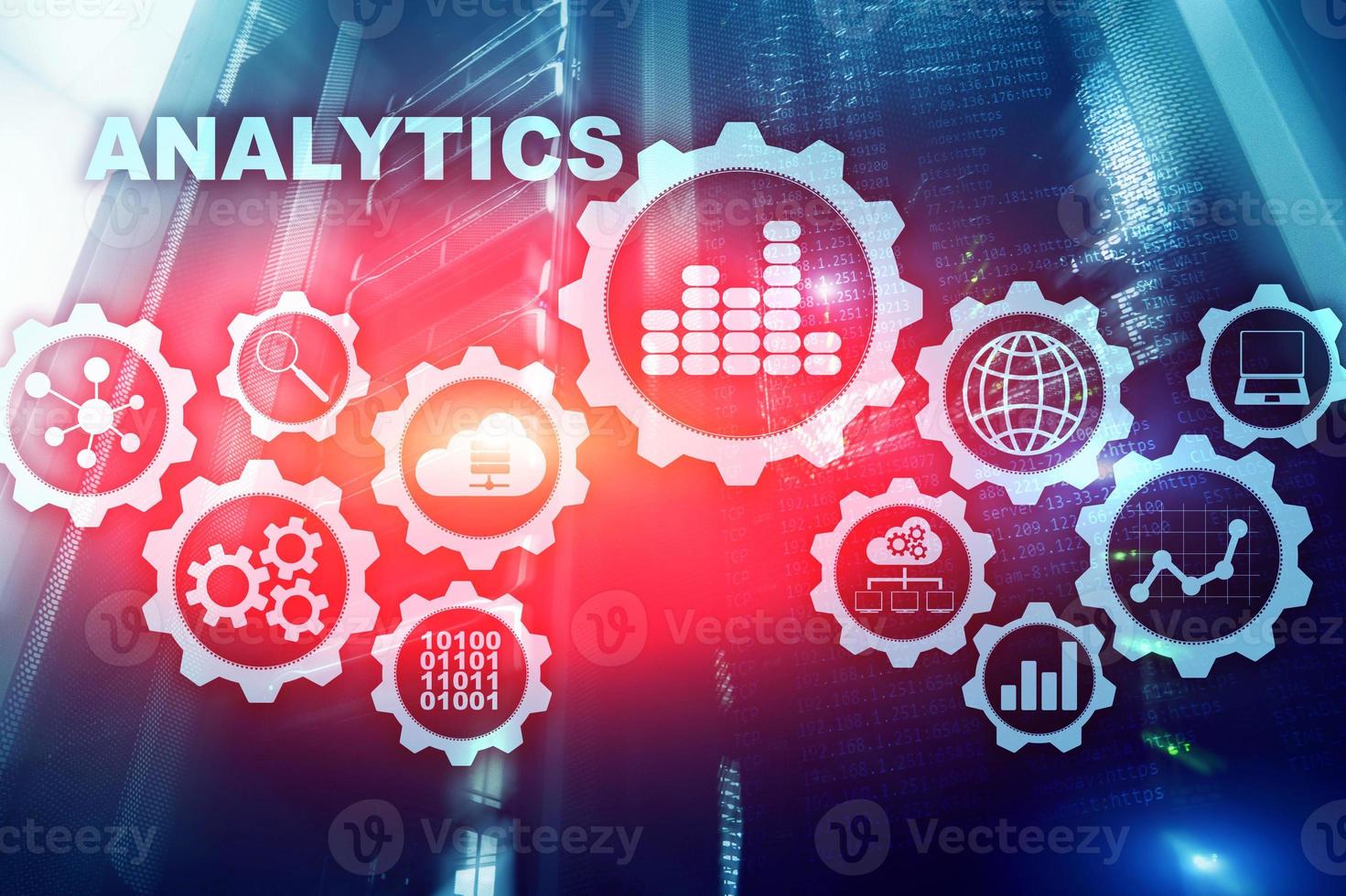 Technology Analytics concept on virtual screen. Big data with graph icons on a digital screen interface and a server room background photo