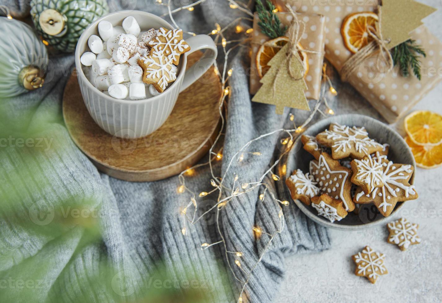 Hot chocolate with marshmallows, warm cozy Christmas drink photo